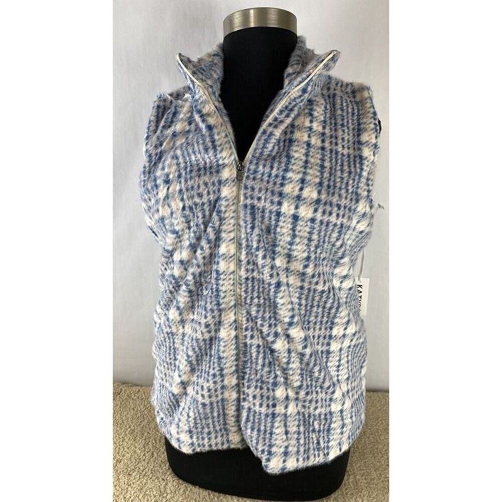 Women's Sz XXL Blue Houndstooth Soft Faux Fur Full Zip Vest